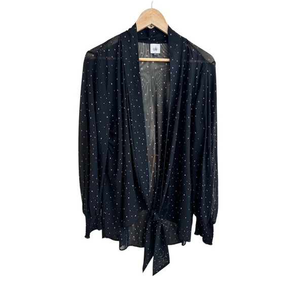 CAbi Impetuous Topper Black Pink Polka Dot Sheer Mesh Long Sleeve Womens Size L - Picture 1 of 11
